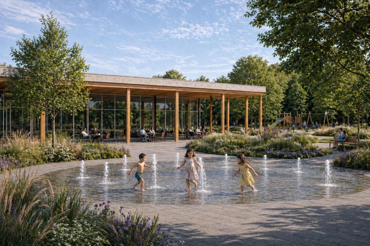 Studie revitalizace parku ve Svitávce – vodní prvek s fontánami, pavilon a zeleň, děti si hrají ve vodě