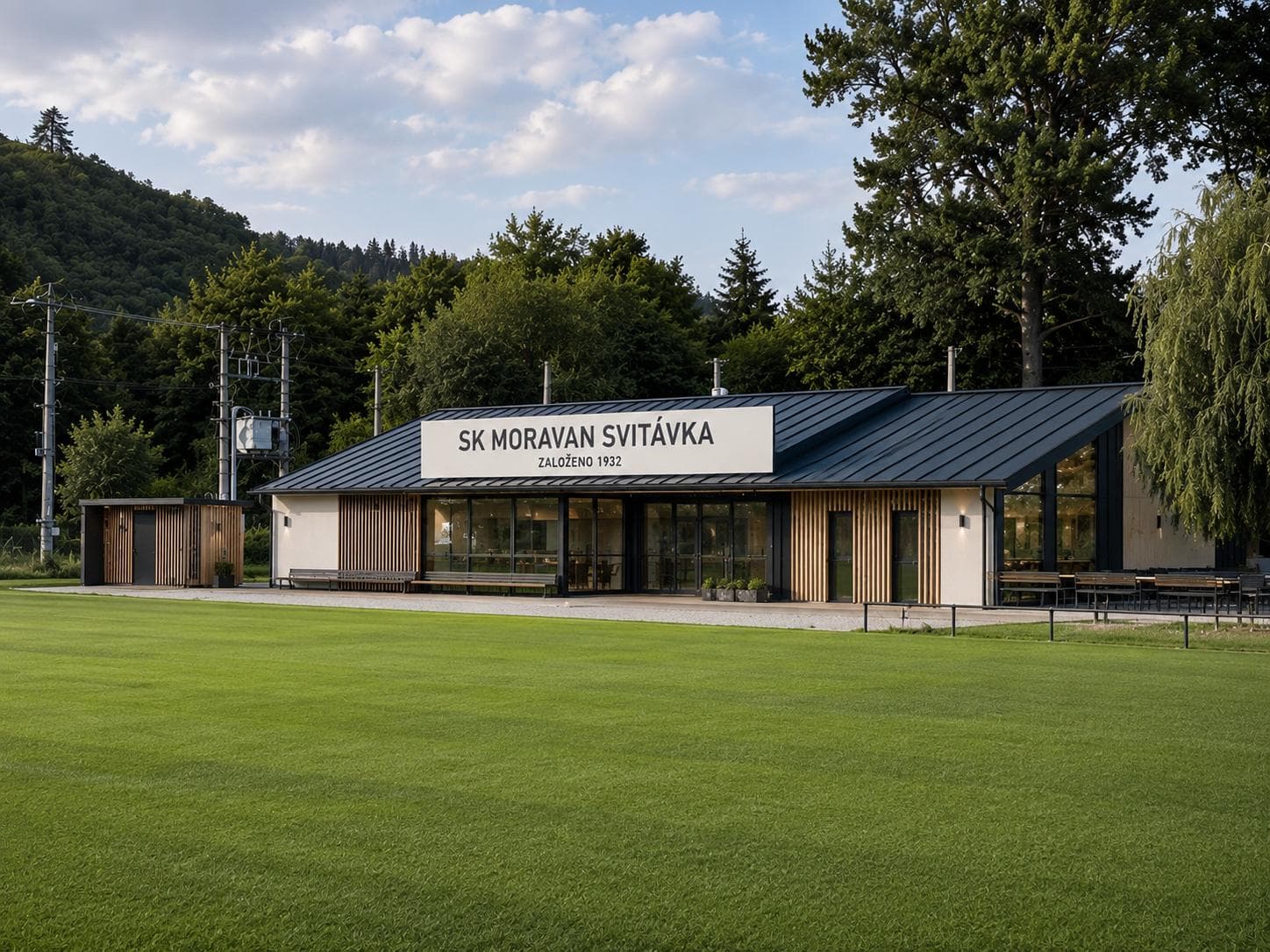 Ilustrativní AI vizualizace – naše představa opravených kabin a zázemí SK Moravan Svitávka, nejde o skutečný stav